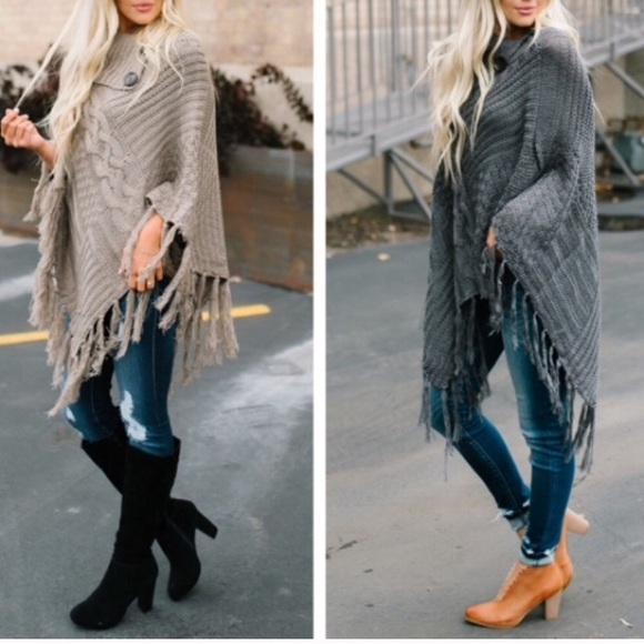 Last 1 New Comfy Knit Fringe Sweater Poncho - Picture 4 of 6